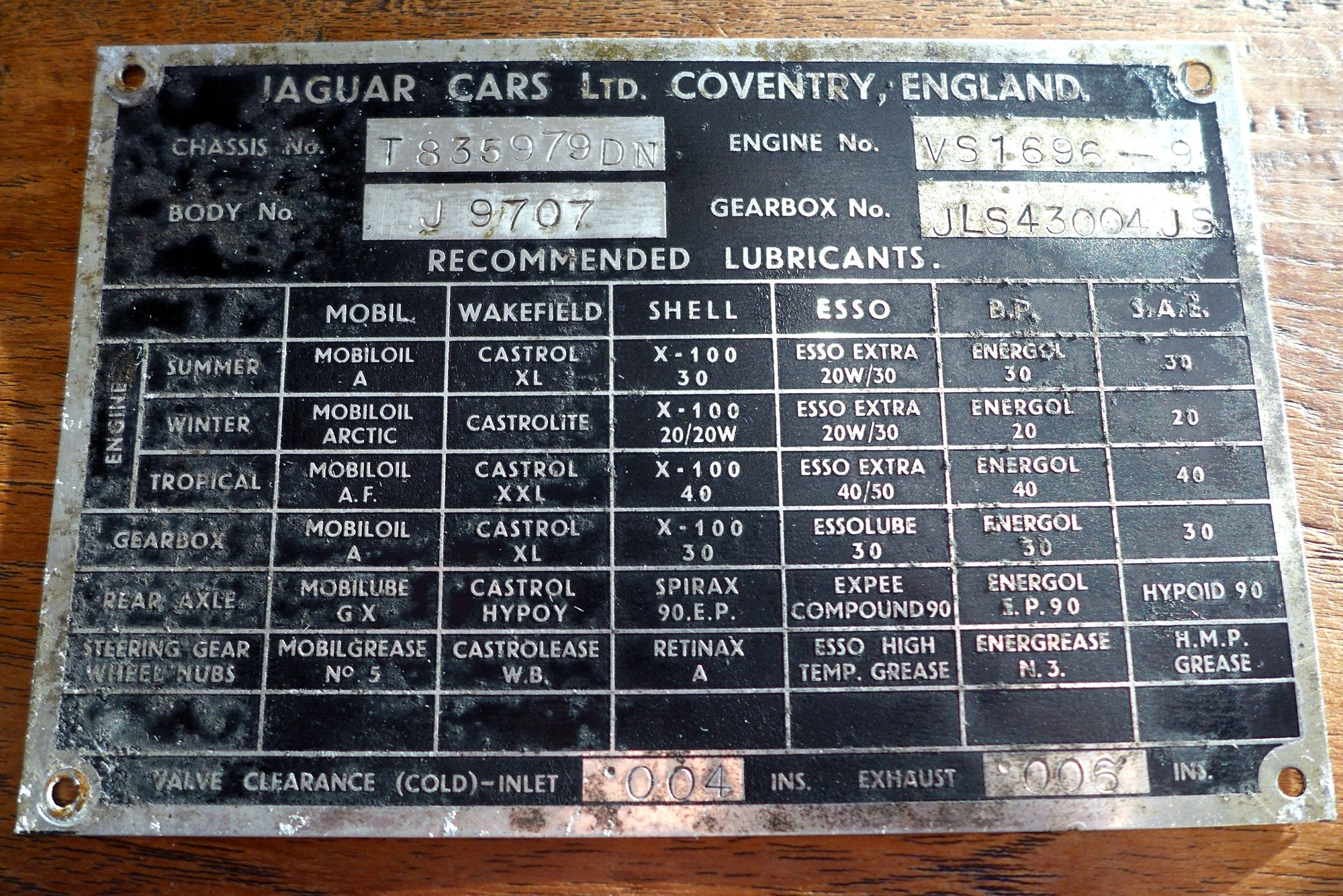 Jaguar XK 150 or 150S chassis plate