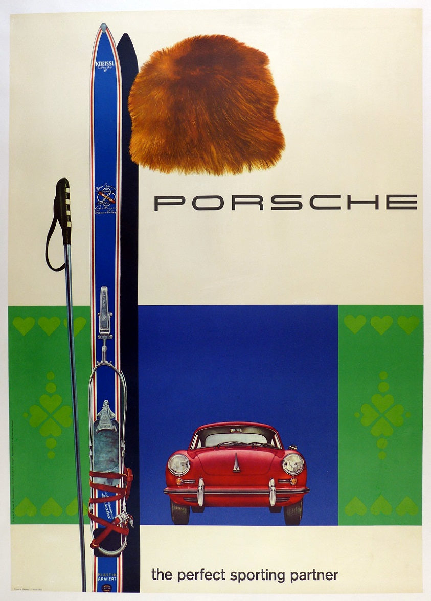 Porsche 356 & Skis Showroom Poster ~ English language