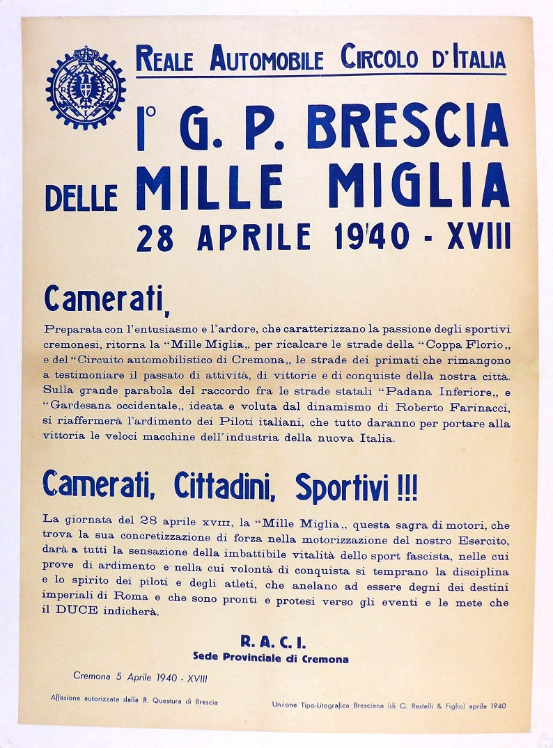 1940 Mille Miglia Kiosk Poster Cremona